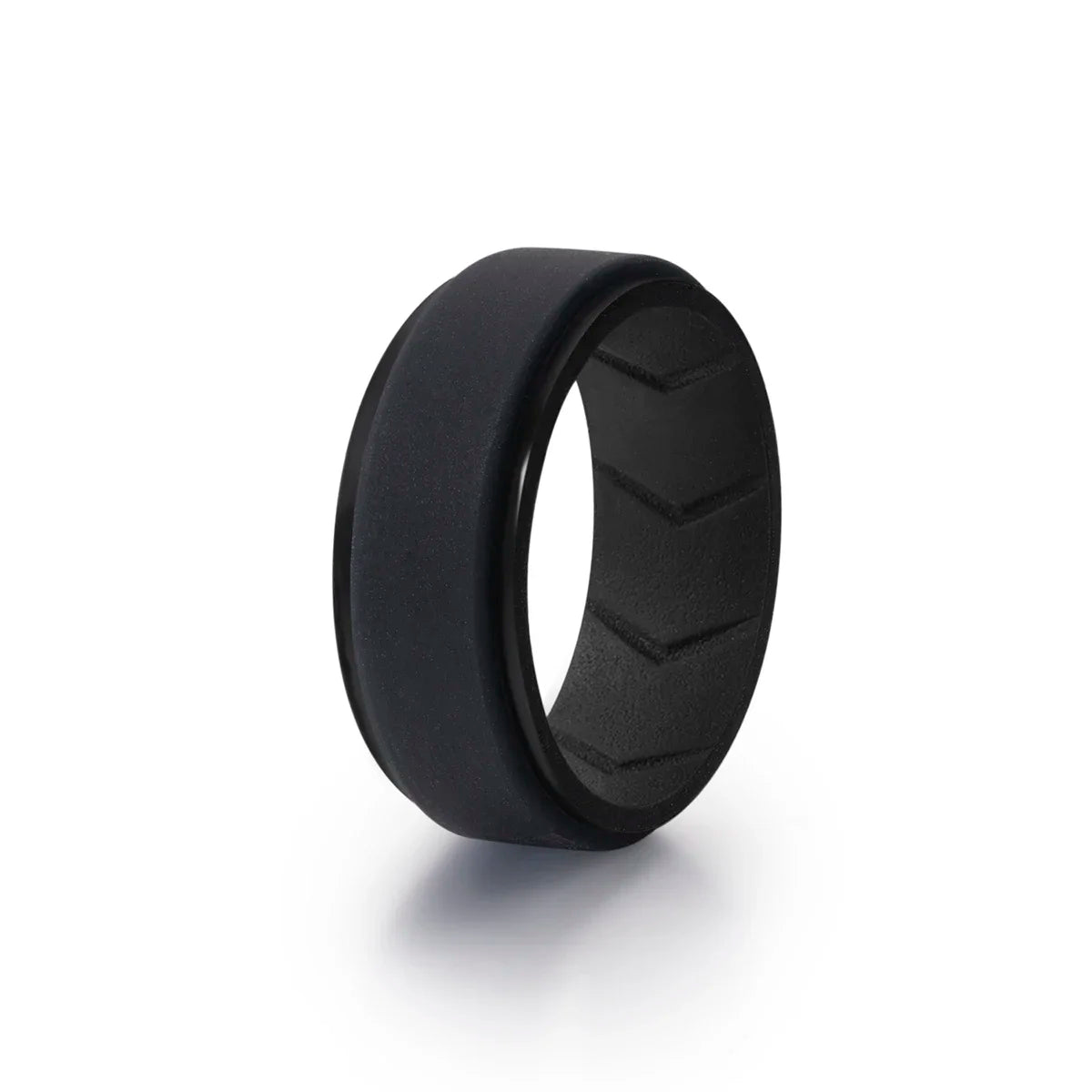 A black silicone wedding band is shown on a white background.