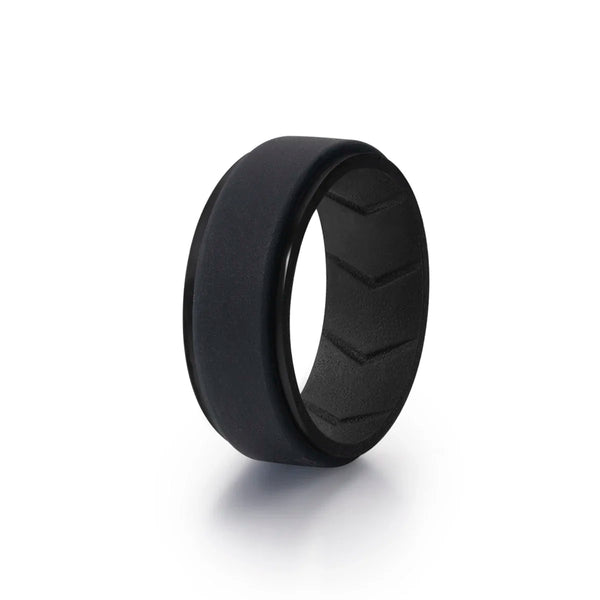 A black silicone wedding band is shown on a white background.
