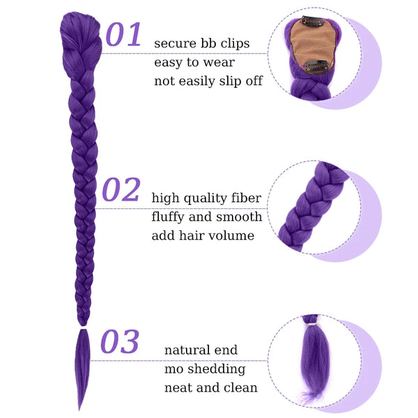 Three steps showing how to use vibrant purple braided hair extensions for easy wear and volume.