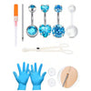 A set of 14G stainless steel belly button piercing jewelry including various colored and sized implants and tools.