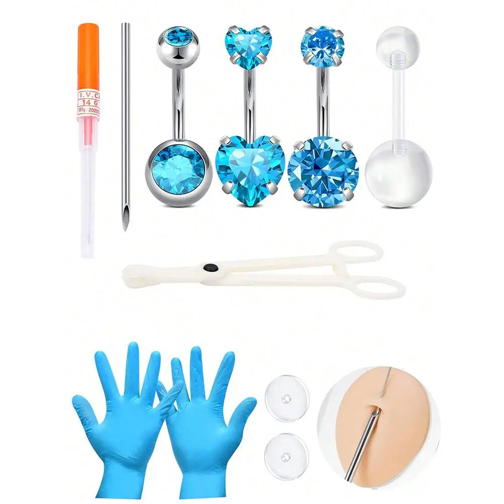 A set of 14G stainless steel belly button piercing jewelry including various colored and sized implants and tools.