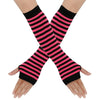 Black and pink striped knitted fingerless gloves worn on a hand