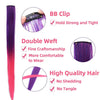 Image showing purple and pink hair extensions with BB clip details and quality features like no shedding or tangling.
