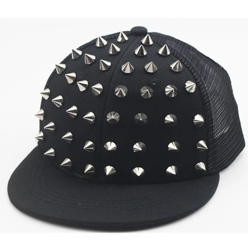 Black flat hat baseball cap adorned with silver rivets and studs
