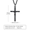 A black stainless steel cross necklace with a chain and a small bar detail.