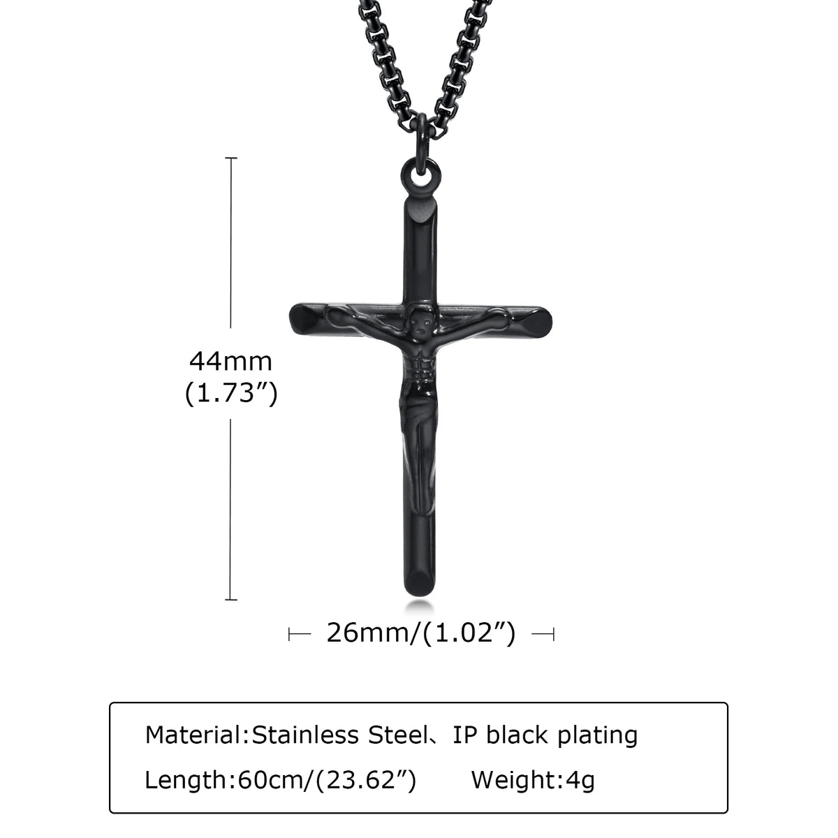 A black stainless steel cross necklace with a chain and a small bar detail.