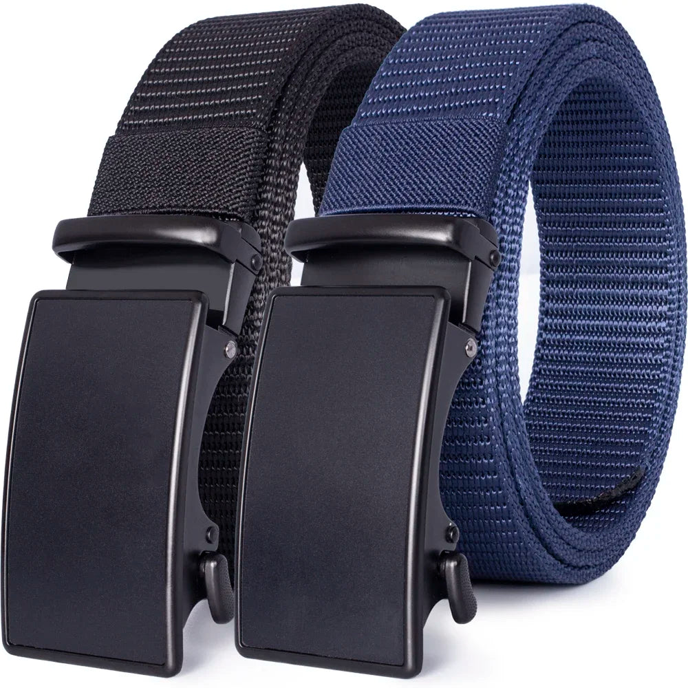 A black and blue tactical canvas utility belt with a black buckle and strap shown from the side.