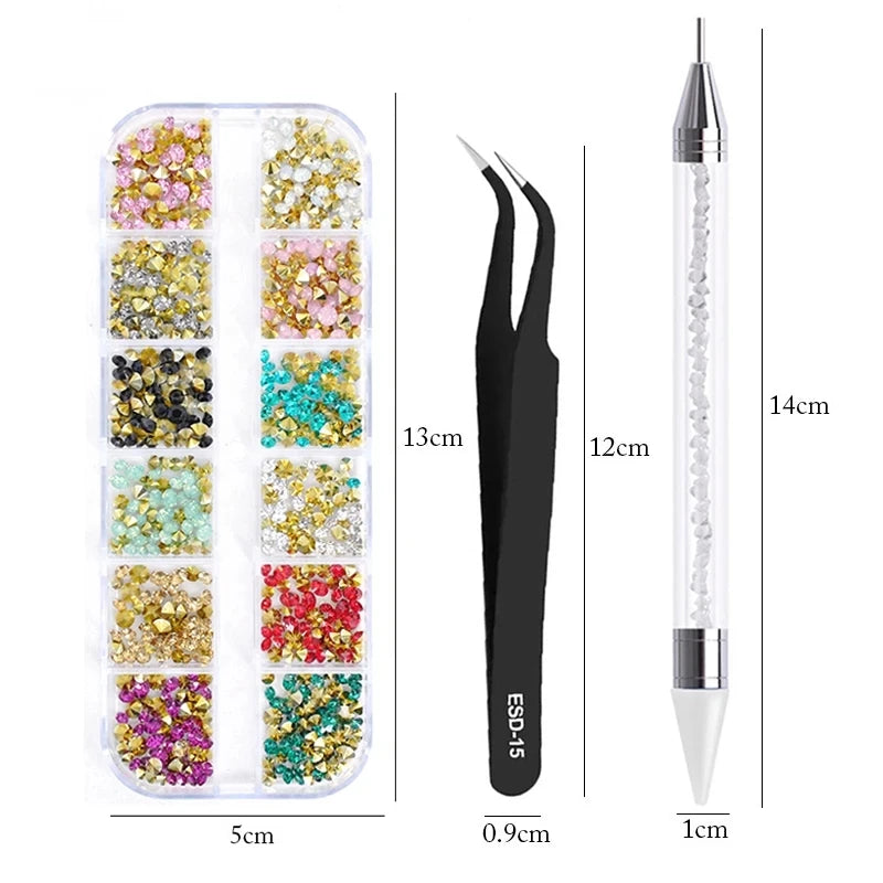 A set of 4 rhinestone nail art decorations packaged in a clear tube with an applicator.