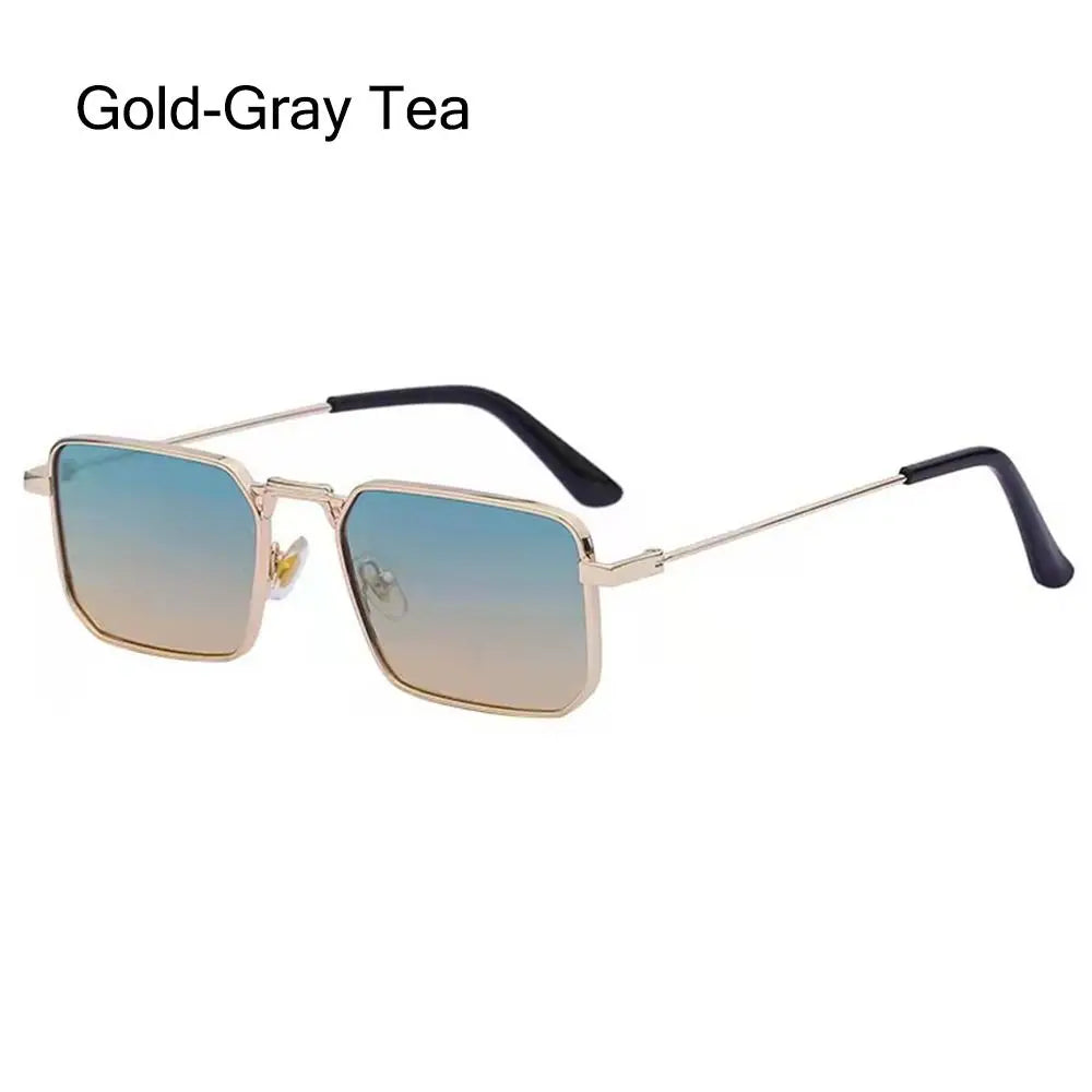 Gold-gray tea retro vintage metal frame sunglasses with blue mirrored lenses