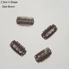 A set of three dark brown U-shaped precision hair extension clips.