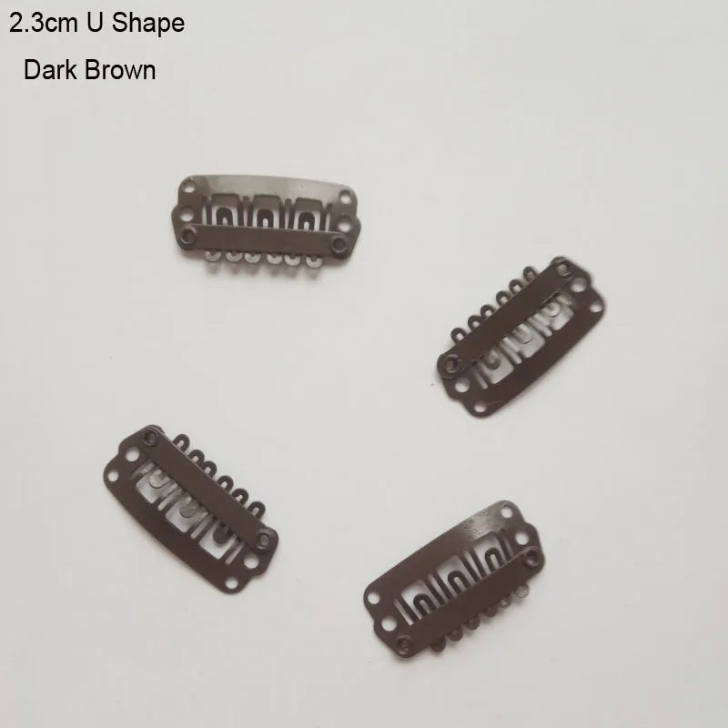 A set of three dark brown U-shaped precision hair extension clips.