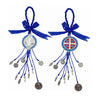 A set of blue ribbon charms featuring a Saint Benedict protection charm and various small metal charms.