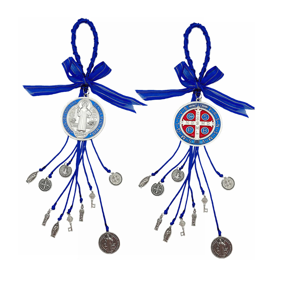 A set of blue ribbon charms featuring a Saint Benedict protection charm and various small metal charms.