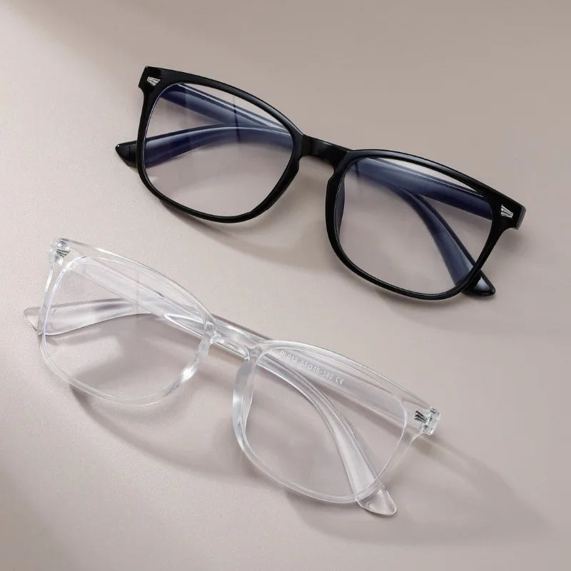 A pair of vintage square anti-blue light eyeglasses with black frames and blue tinted lenses.