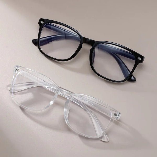 A pair of vintage square anti-blue light eyeglasses with black frames and blue tinted lenses.