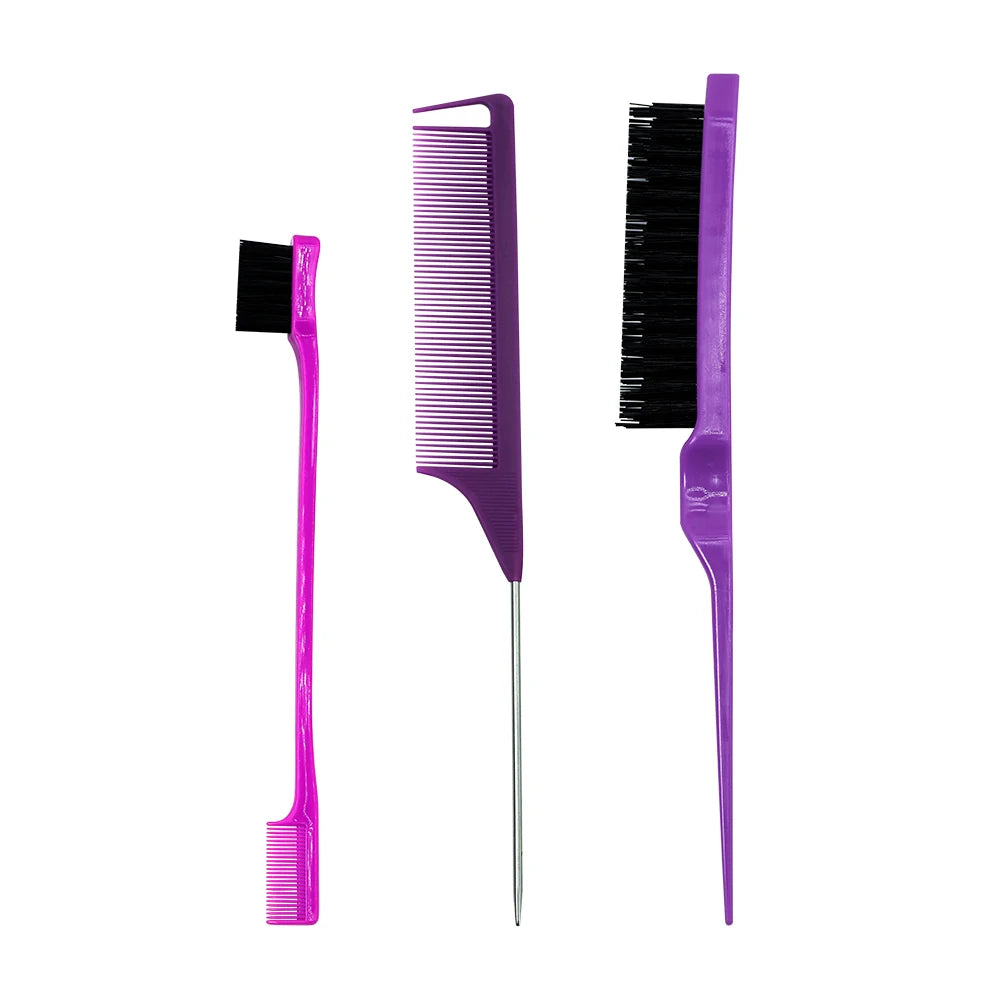 A set of purple professional pointed tail hair comb and styling brush.