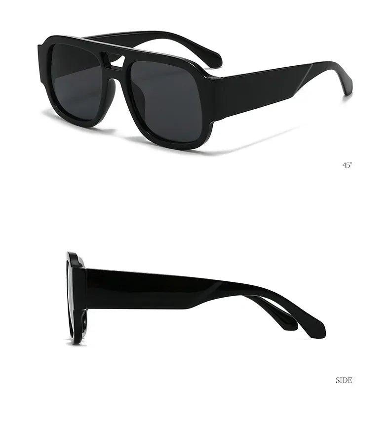 Gafas cuadradas retro de doble puente negras, mostradas desde la vista frontal y lateral