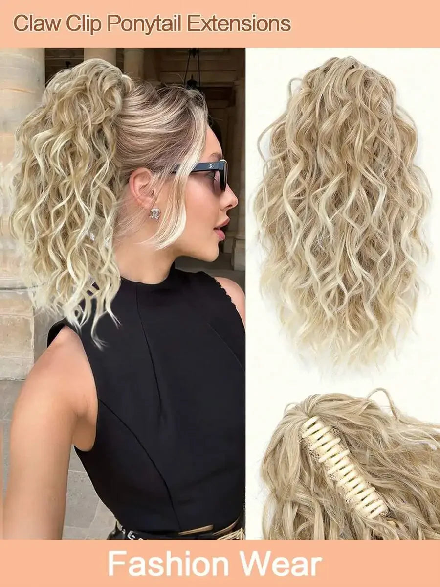 Ropa de moda con extensiones de coleta rizada rubia y un detalle de clip.