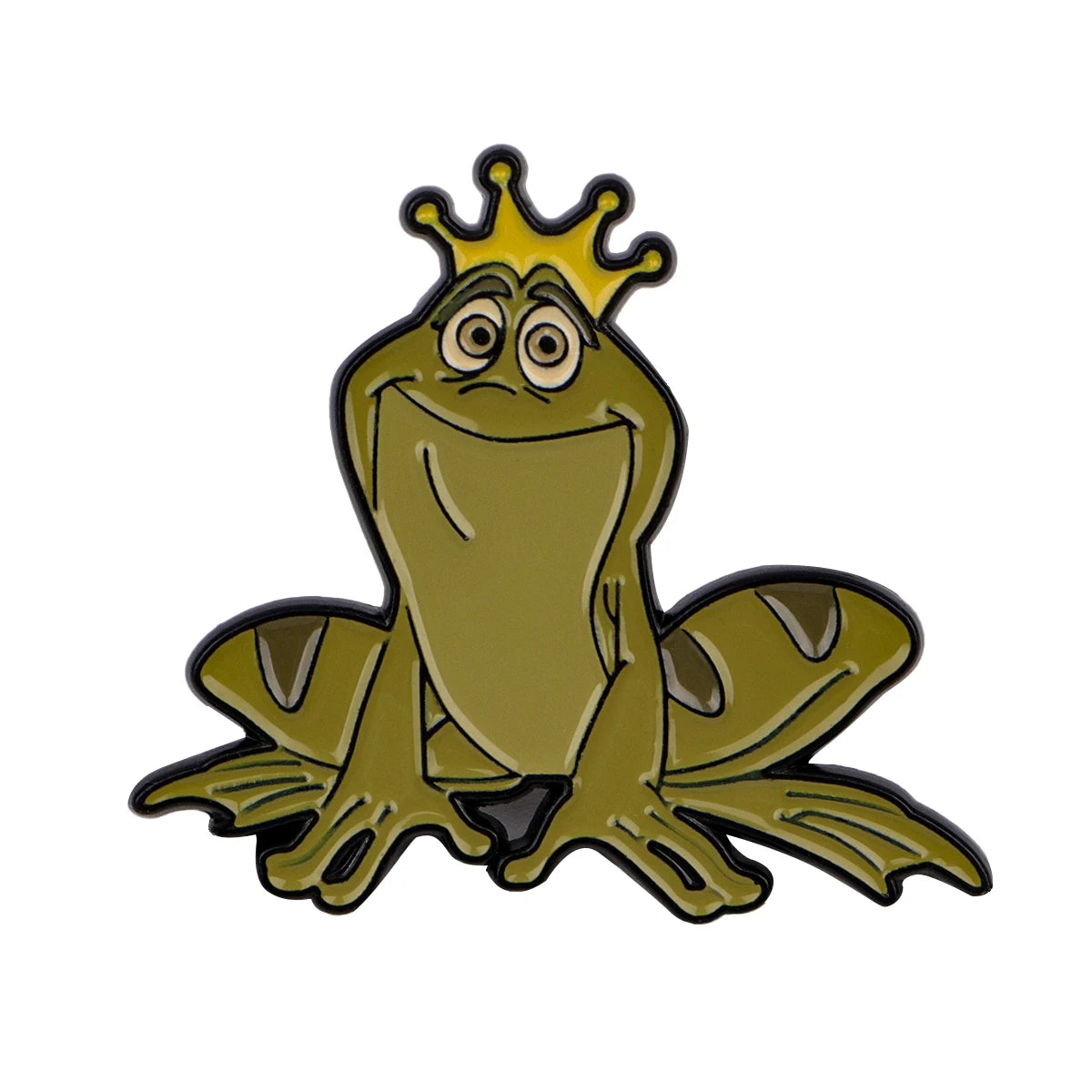 A gold-colored enamel pin featuring a cute frog with a crown and wings.