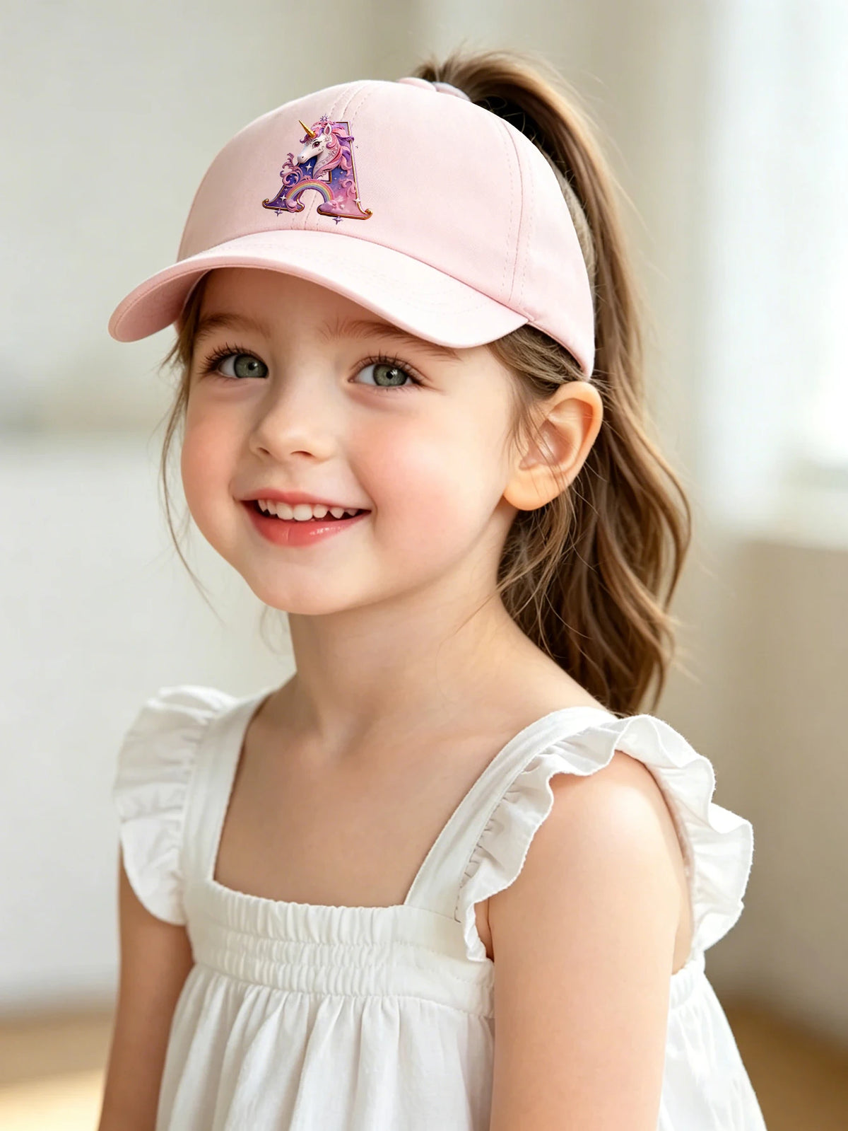 A smiling young girl wearing a pink rainbow unicorn letter baseball cap and a white dress.