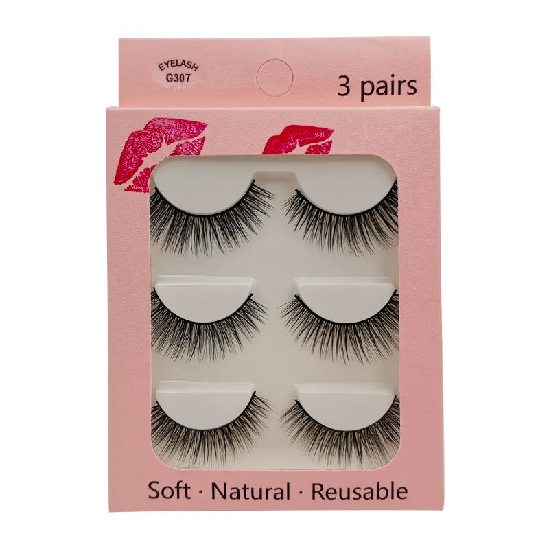 A pink box containing three pairs of soft natural reusable mink strip eyelashes.