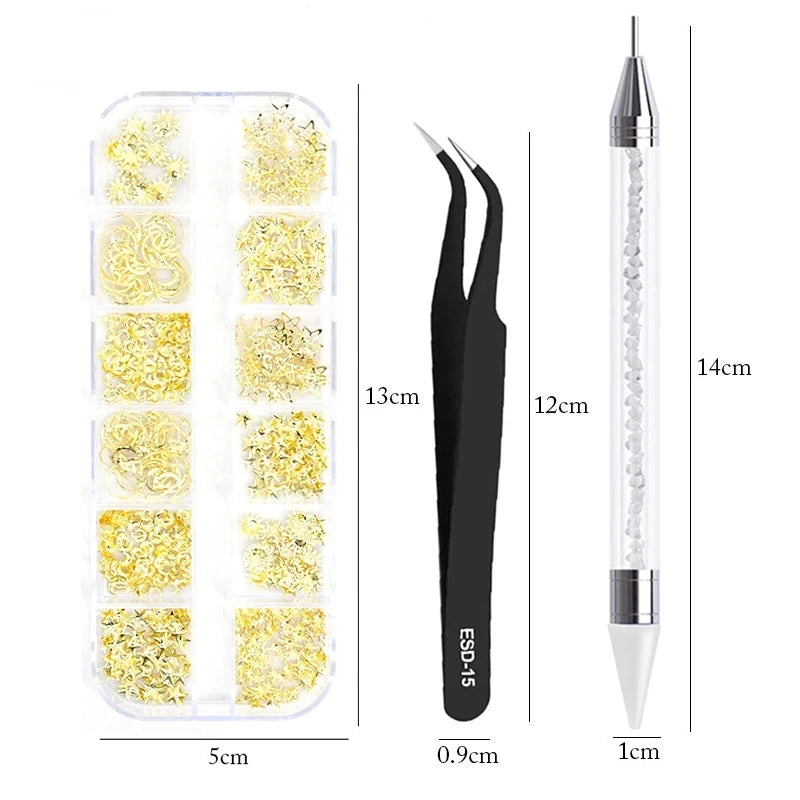 A set of 4 rhinestone nail art decorations packaged in a clear plastic container alongside an applicator tool.