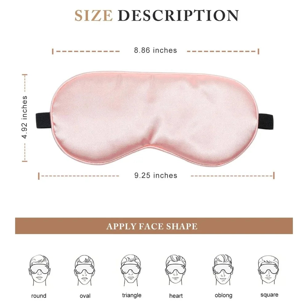 Pink silk sleep mask with various size measurements and face shape guides