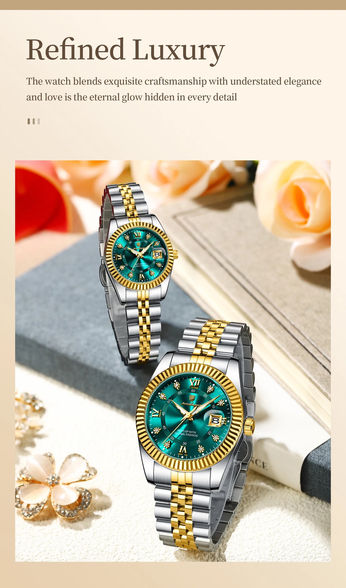 A close-up of a silver and gold watch with a teal dial and luminous hands, resting on a textured surface.