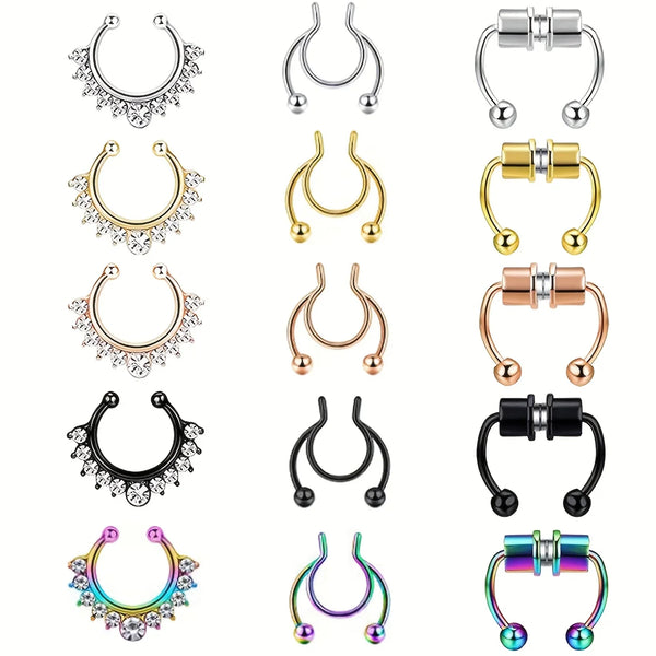 A set of three magnetic stainless steel septum rings in various finishes and styles.
