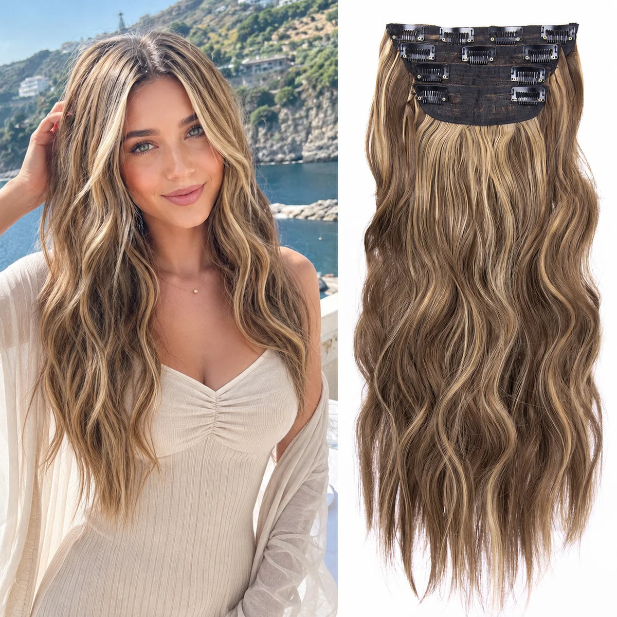 Long blonde ombre hair with dark clips and loose waves