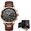 A brown leather men's quartz watch with a chronograph display and rose gold accents shown on a white background.