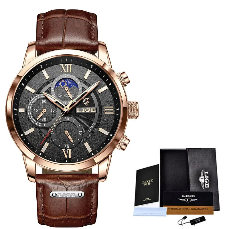 A brown leather men's quartz watch with a chronograph display and rose gold accents shown on a white background.