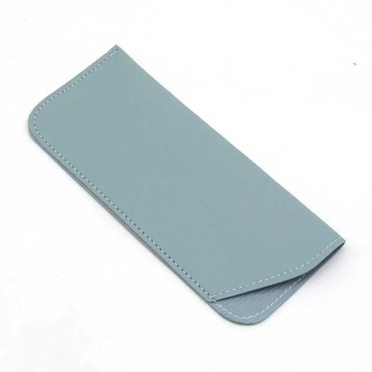 A slim, light blue PU leather glasses case folded and shown from the side.