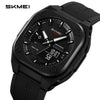 A black SKMEI digital sports watch with a dark face and black strap, shown from above.