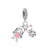 A silver family tree charm necklace featuring a stylized human figure and a teddy bear.