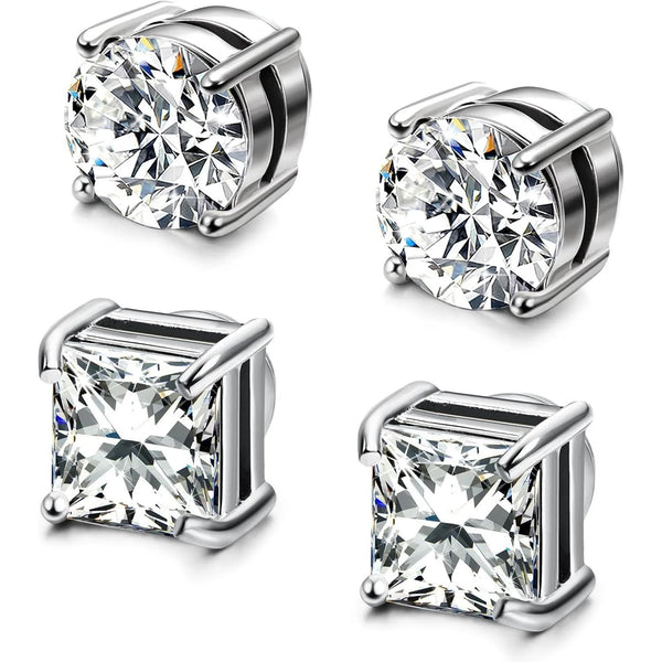Three designs of magnetic stainless steel stud earrings featuring round and square clear stones.