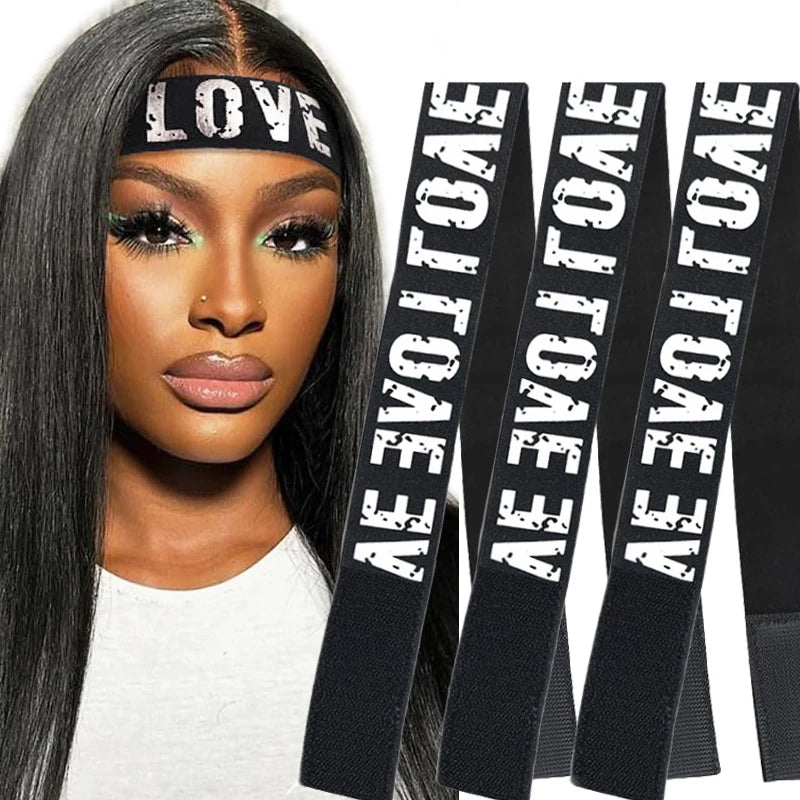 A woman with long dark hair wears a black lace headband with the word LOVE printed on it.