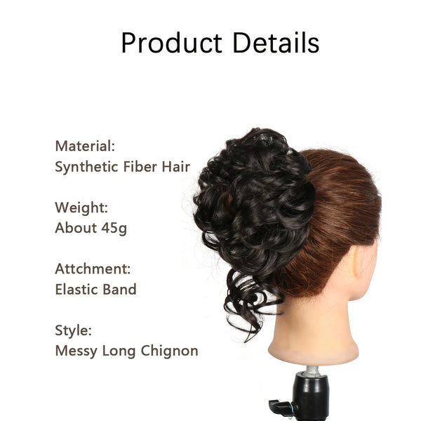 A dark brown synthetic fiber hair styled in a messy long chignon bun on a mannequin head.
