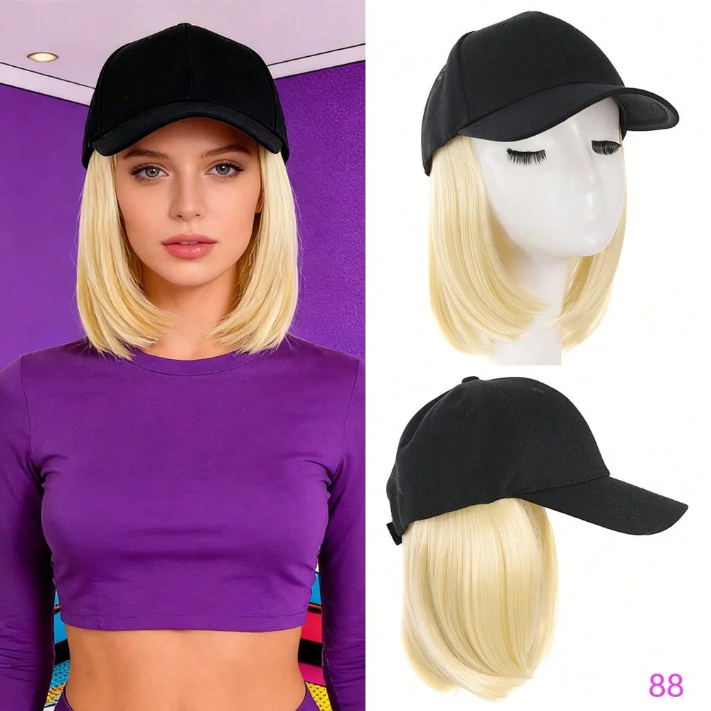 Una mujer modela una gorra de béisbol sintética negra ajustable en su cabeza y la cabeza de un maniquí.