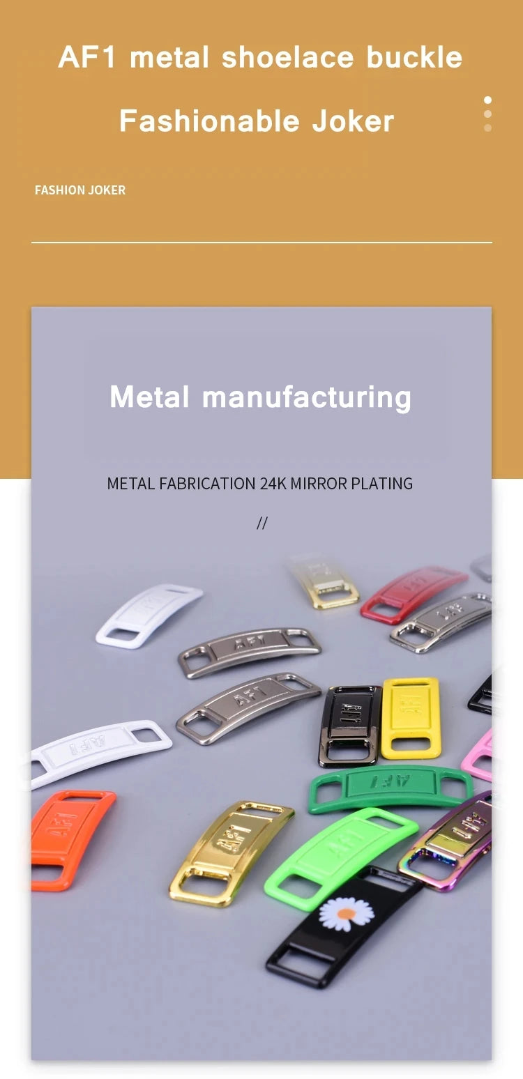 A collection of metal shoeelace buckles and charms in various colors including silver, gold, red, green, and black.