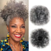 Close-up of a woman with short gray afro puff hairstyle and two examples of the hair texture.