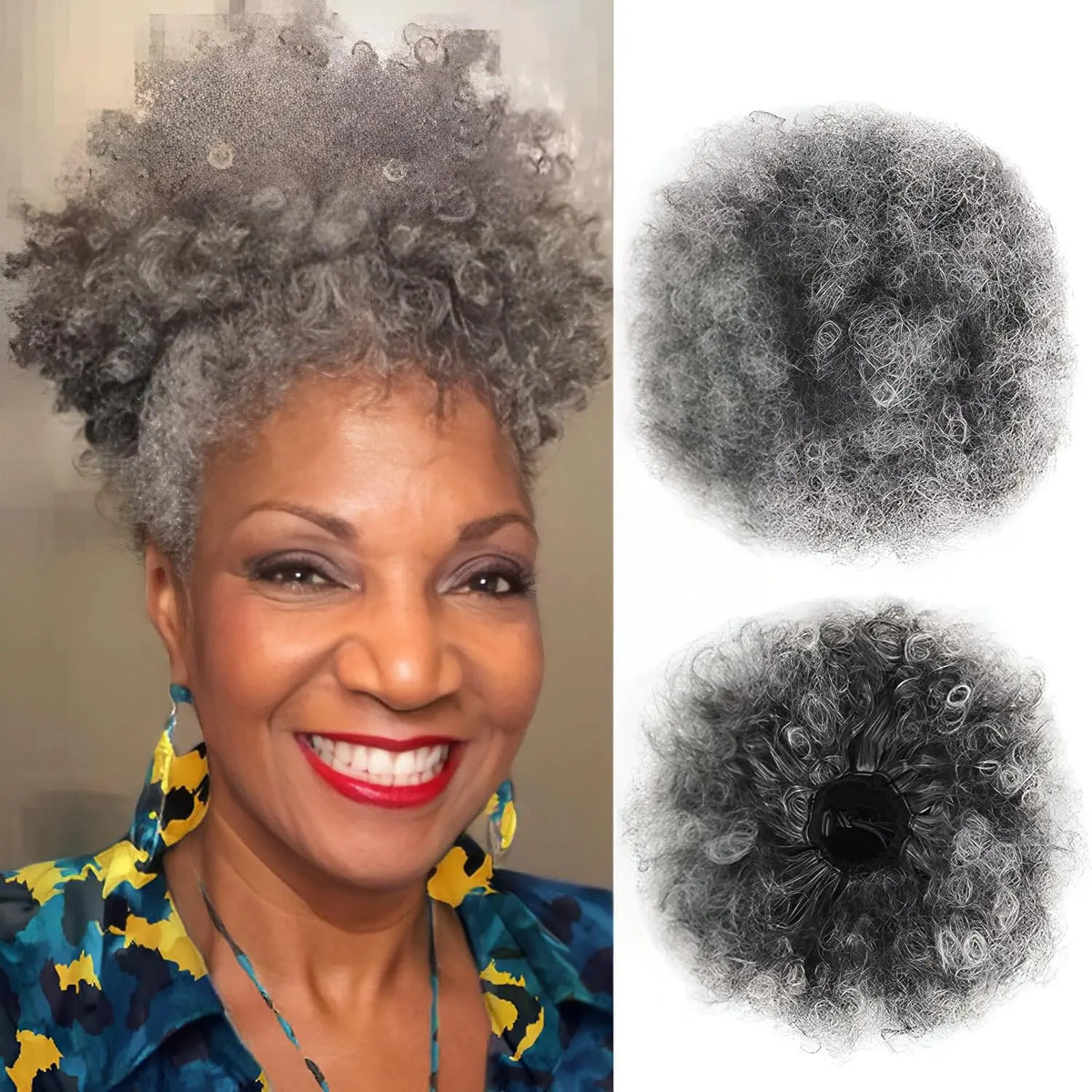 Close-up of a woman with short gray afro puff hairstyle and two examples of the hair texture.