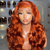 A vibrant orange loose wave wig with a lace front displayed on a mannequin head.