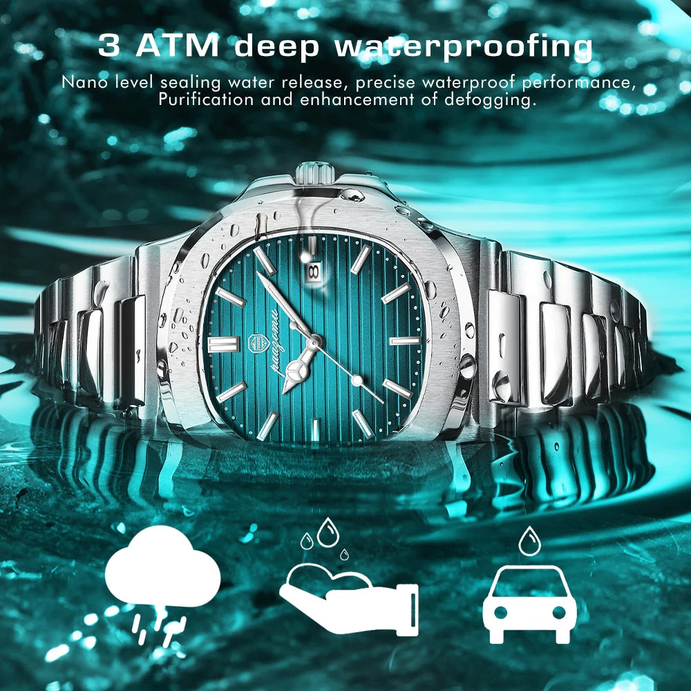 A silver luxury quartz wristwatch is shown on a dark surface with icons representing waterproofing features.