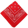 Red paisley bandana headband featuring white embroidery and geometric patterns