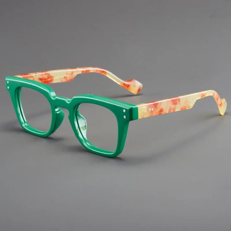 Paire de lunettes de lecture anti-lumière bleue vertes et orange marbrées, montures légères unisexes.
