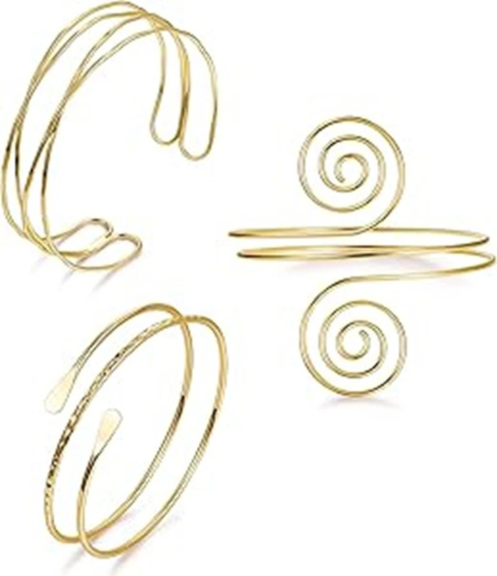 A set of six gold-plated swirl cuff armbands displayed against a white background.