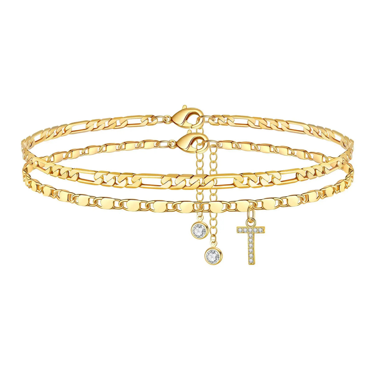 Gold plated initial letter anklet featuring a chain and a cross charm.