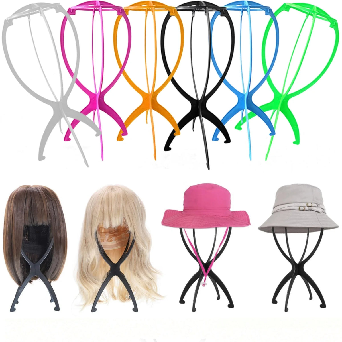 Una exhibición de varios soportes plegables para pelucas de colores y un sombrero rosa.
