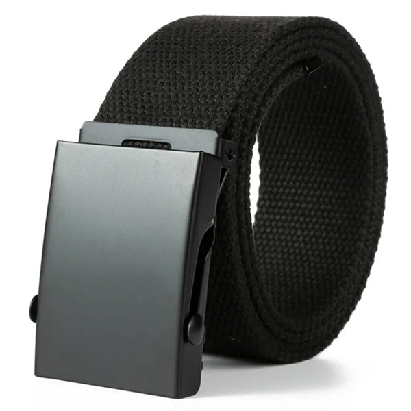 A black tactical canvas waist belt with a rectangular black buckle is shown rolled up.